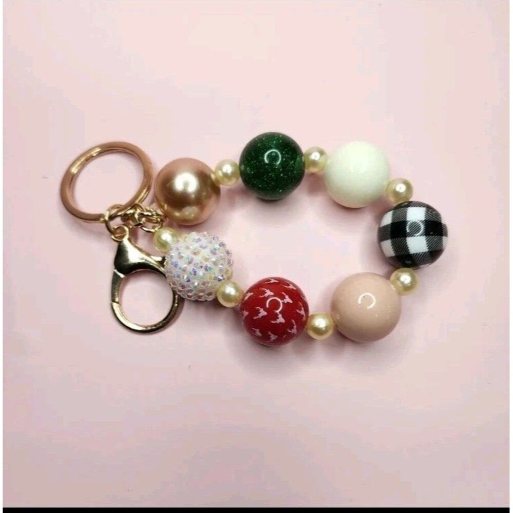 Wristlet Keychain Bracelet Beaded Balls Farmhouse Deer Ranch Country Christmas